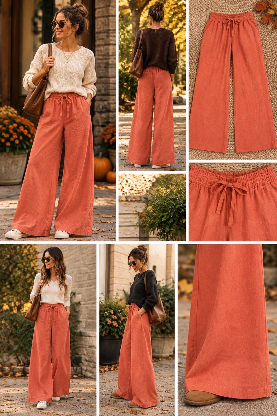 Yeokou Women’s Wide Leg Pants Size Small NWT Terre Cotta/Rust Drawstring Palazzo